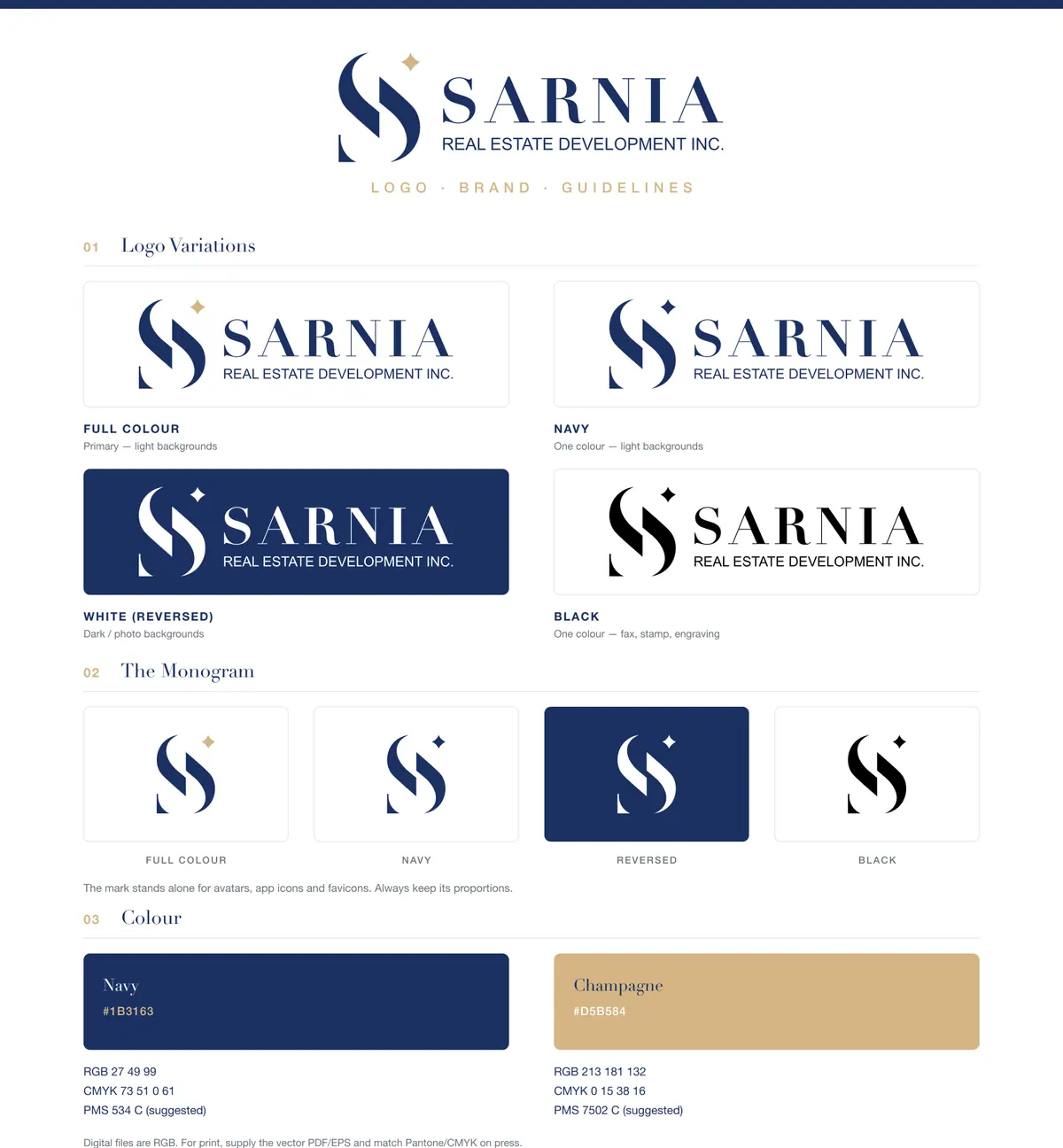 Logo usage guide: four colourways, the monogram and the brand colours