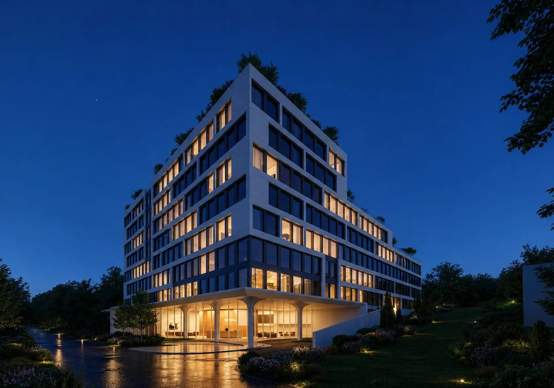 The building at night (AI-edited from the developer’s rendering)