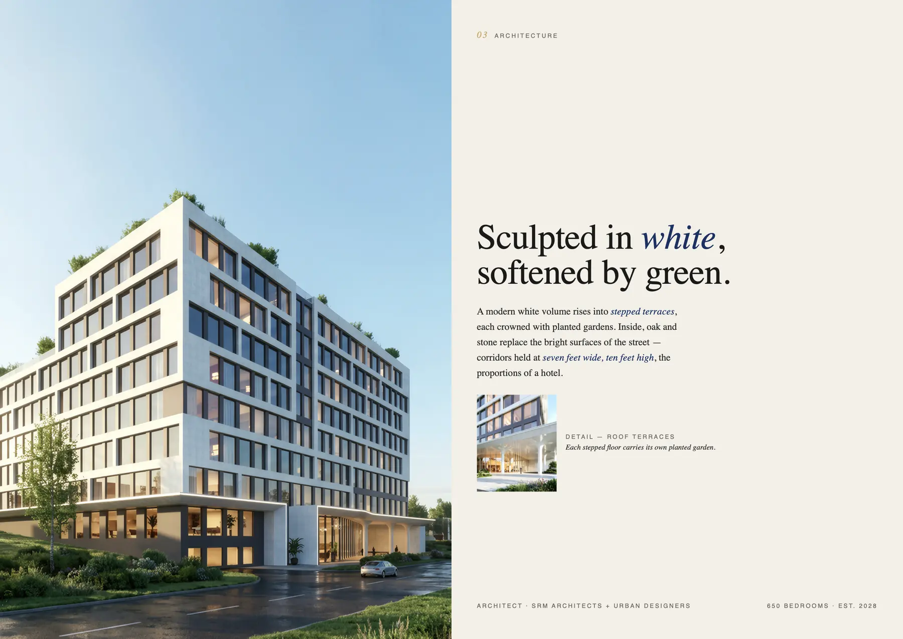 Architecture spread: “Sculpted in white, softened by green”