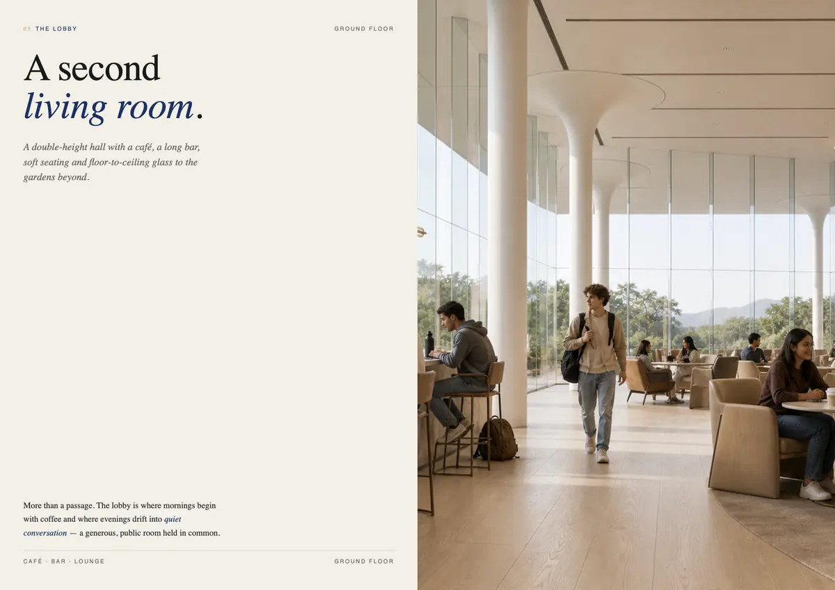 Lobby spread: “A second living room”