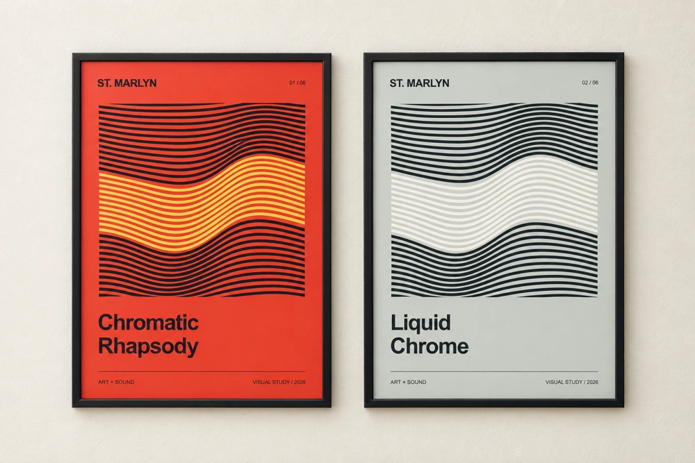 Concept gallery mockup of two framed St. Marlyn posters in red and grey