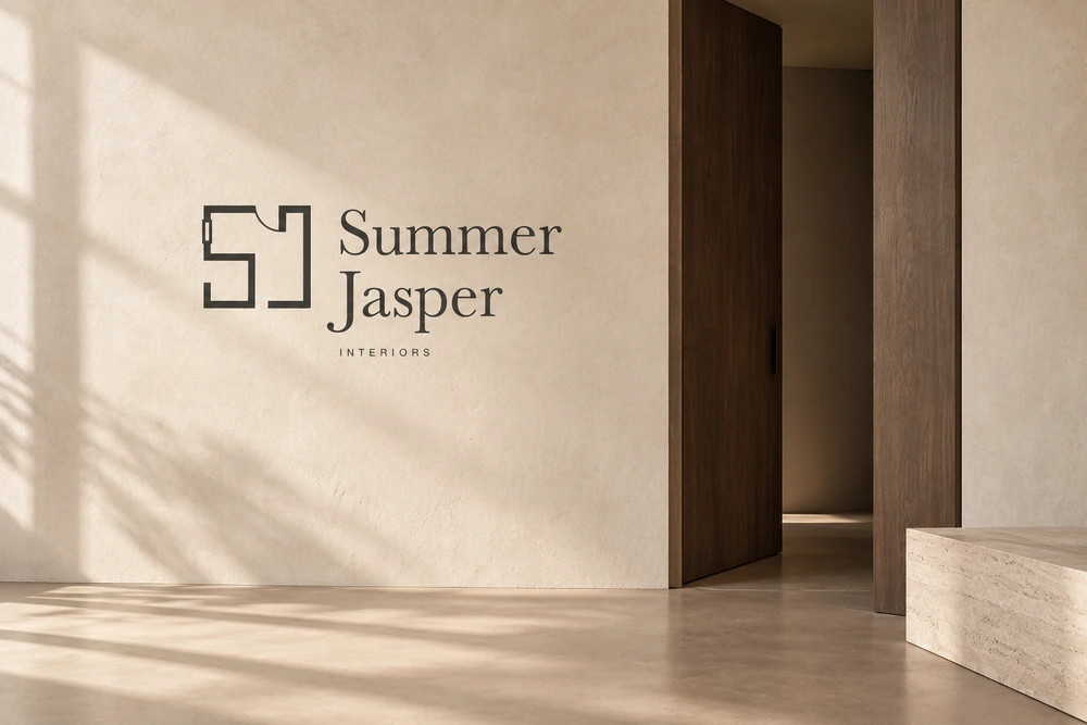 The complete Summer Jasper identity on pale plaster beside a dark oak doorway