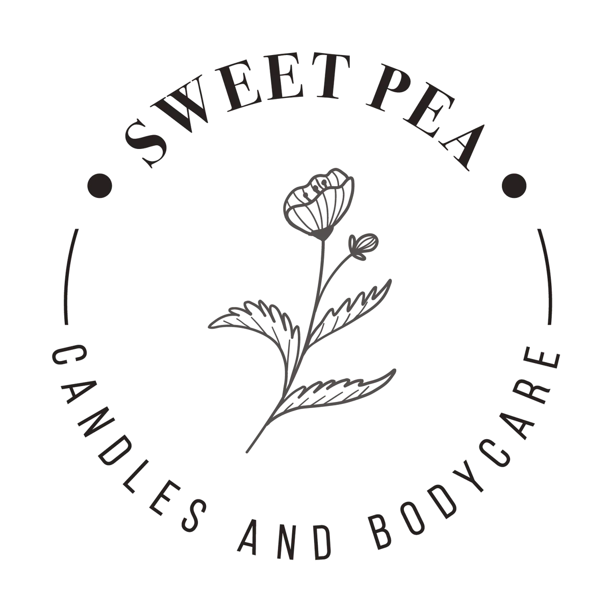 Sweet Pea 衬线版印章，下弧为 CANDLES AND BODYCARE