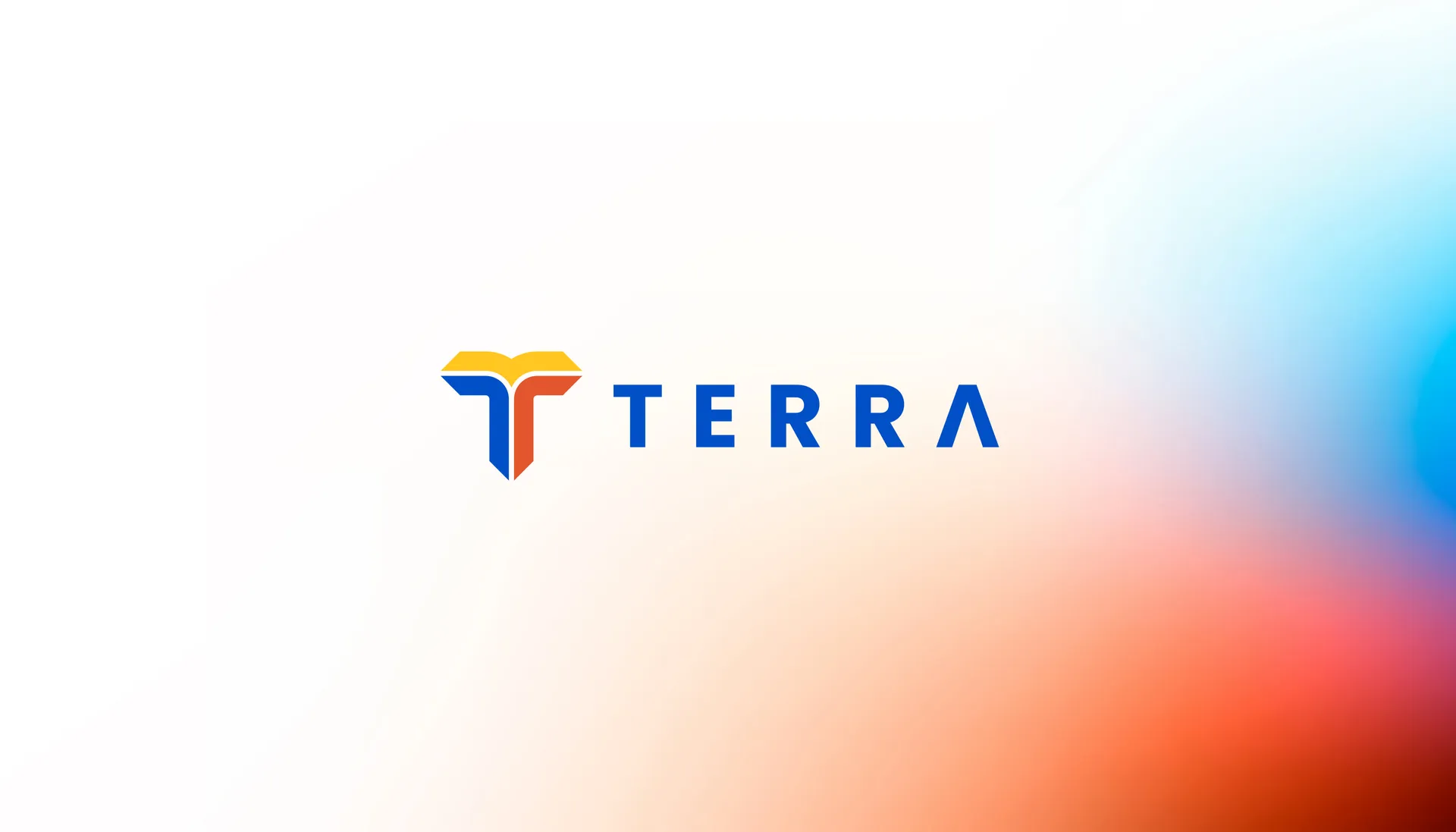 TERRA business card front: the three-colour T and blue wordmark on white, with a blue and orange glow at the right