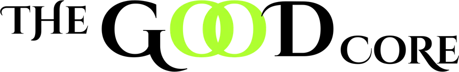 The serif THE GOOD CORE with its interlocked O’s in lime