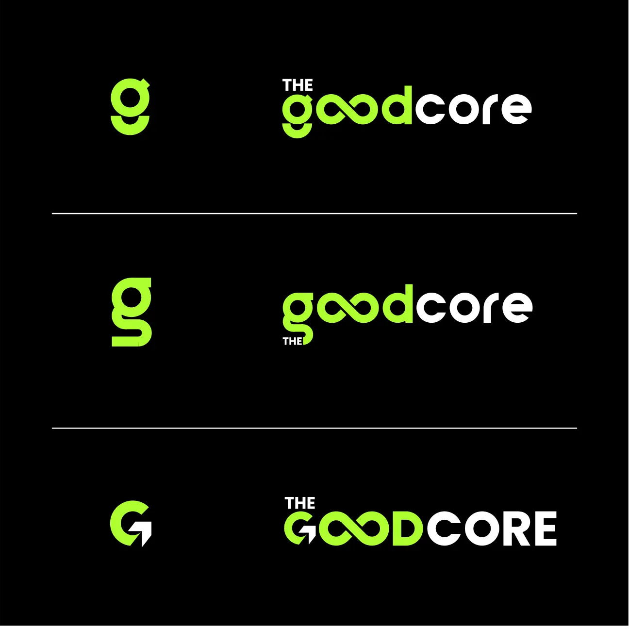 Round one, three lockups: the g monogram beside three settings of the goodcore wordmark