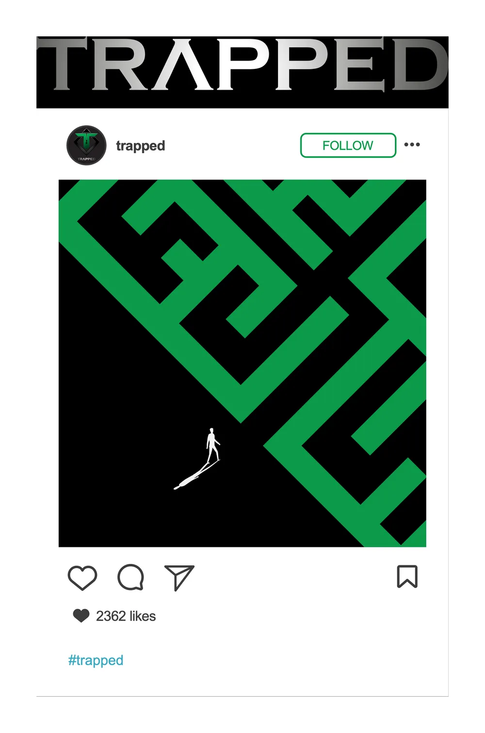 Photo-frame artwork: a white frame styled as a post, with the maze and a figure walking out