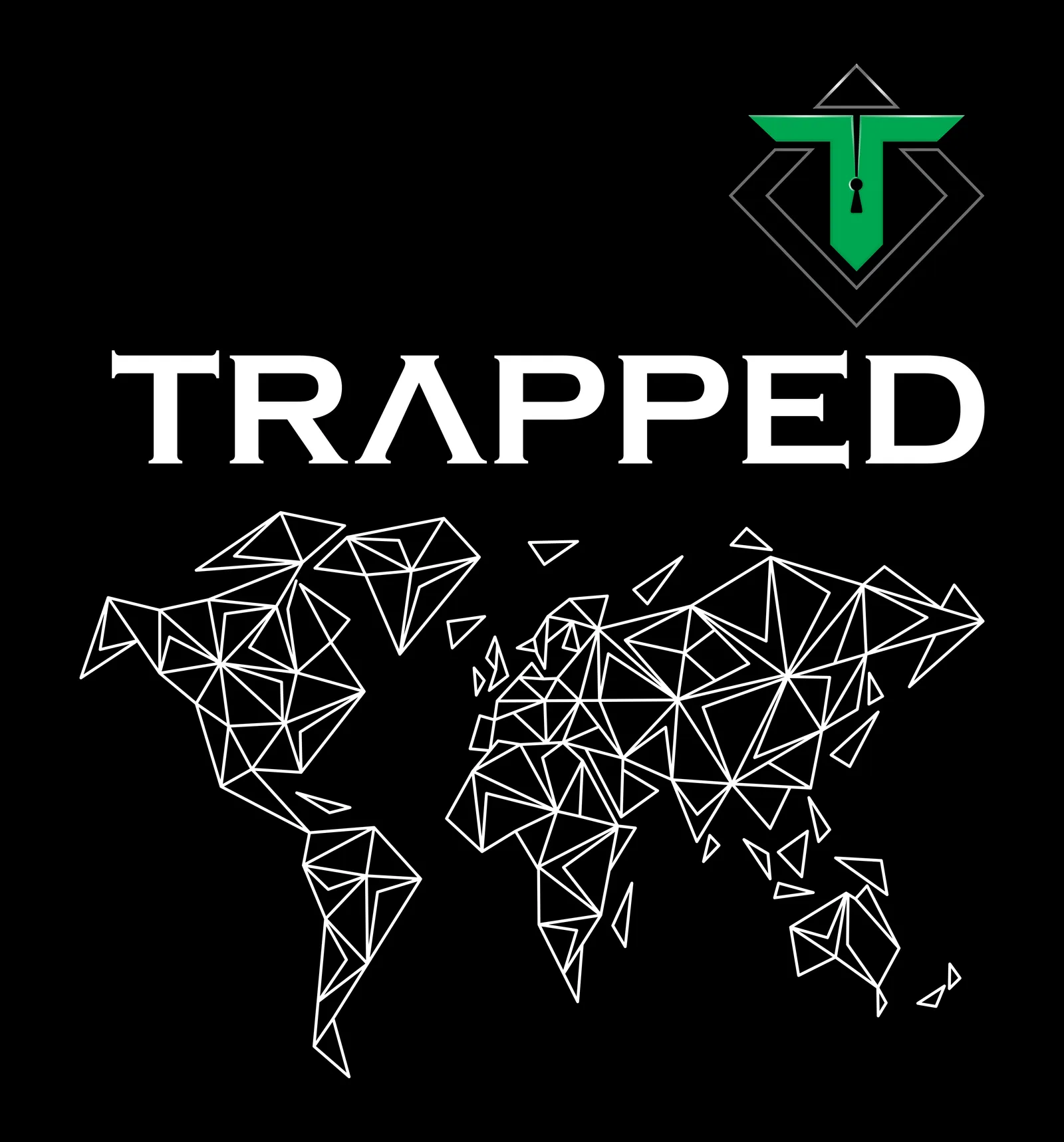 Map wall artwork: the T emblem, the TRAPPED wordmark and a faceted world map, white line on black
