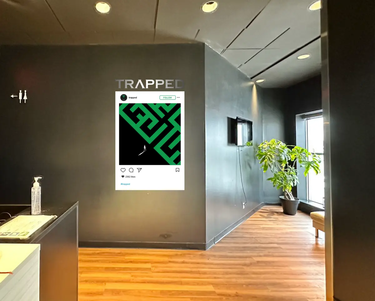 Wall three: a photo frame styled as a social post, the maze inside it (preview)