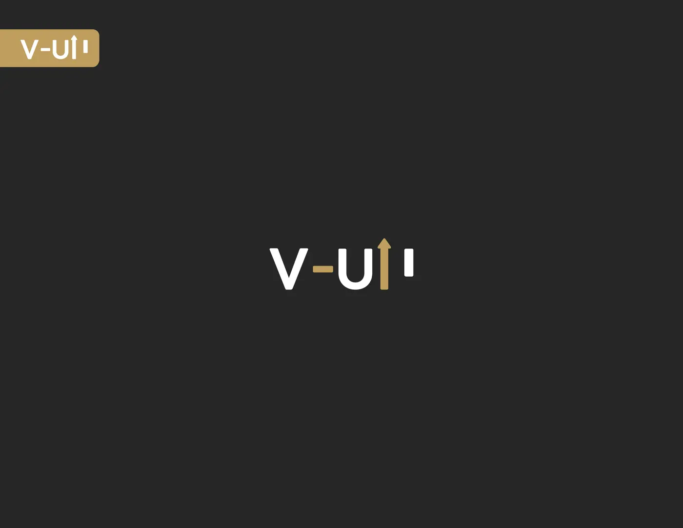 标志手册封面：炭黑底，金色书签上的 V-UP