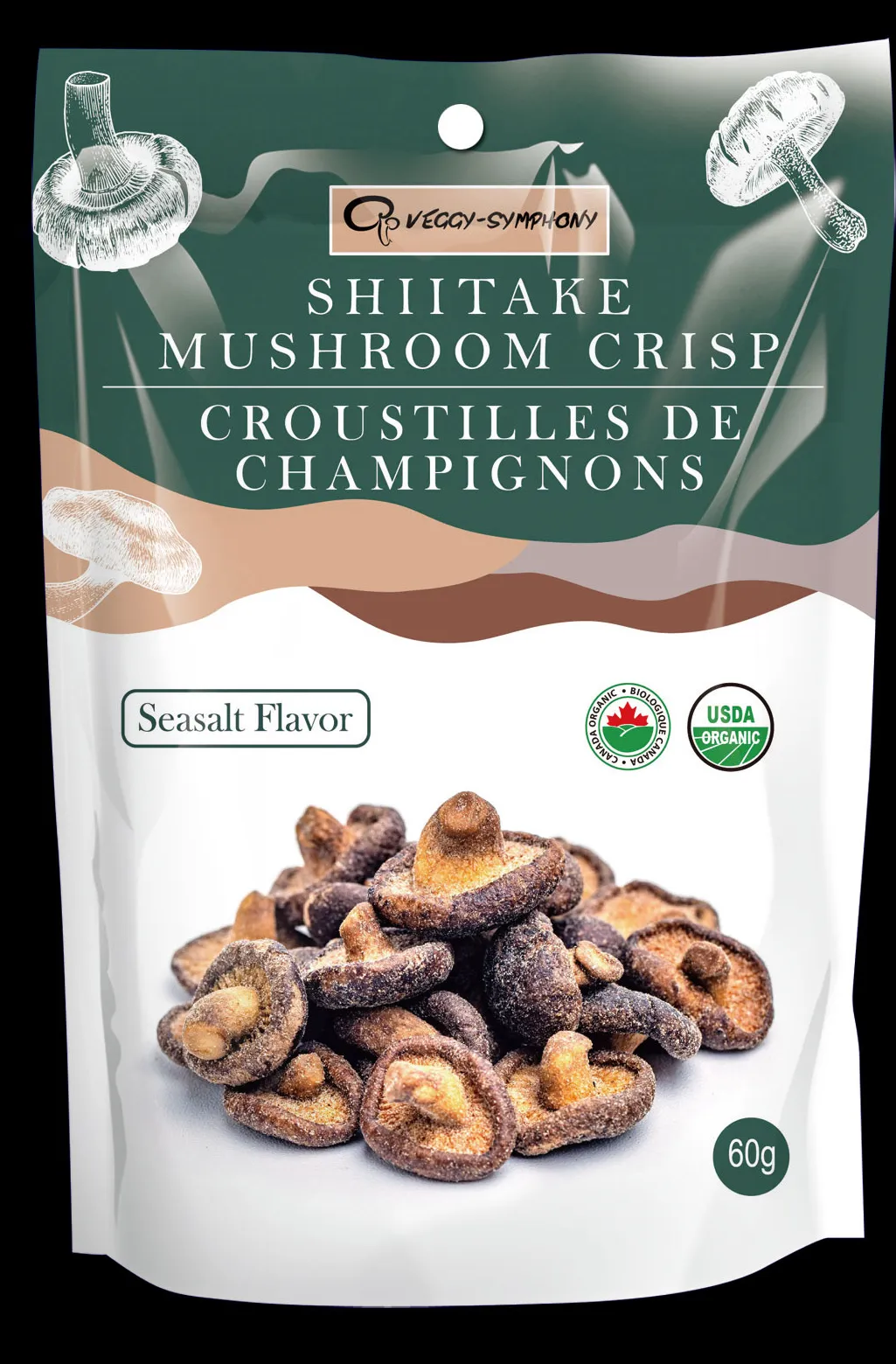 Shiitake crisp 60 g front: the forest-green crown, the English and French name, the wave and the product window