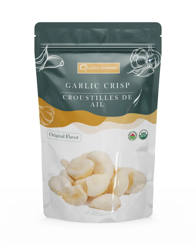 Garlic crisp pouch, rendered for the website