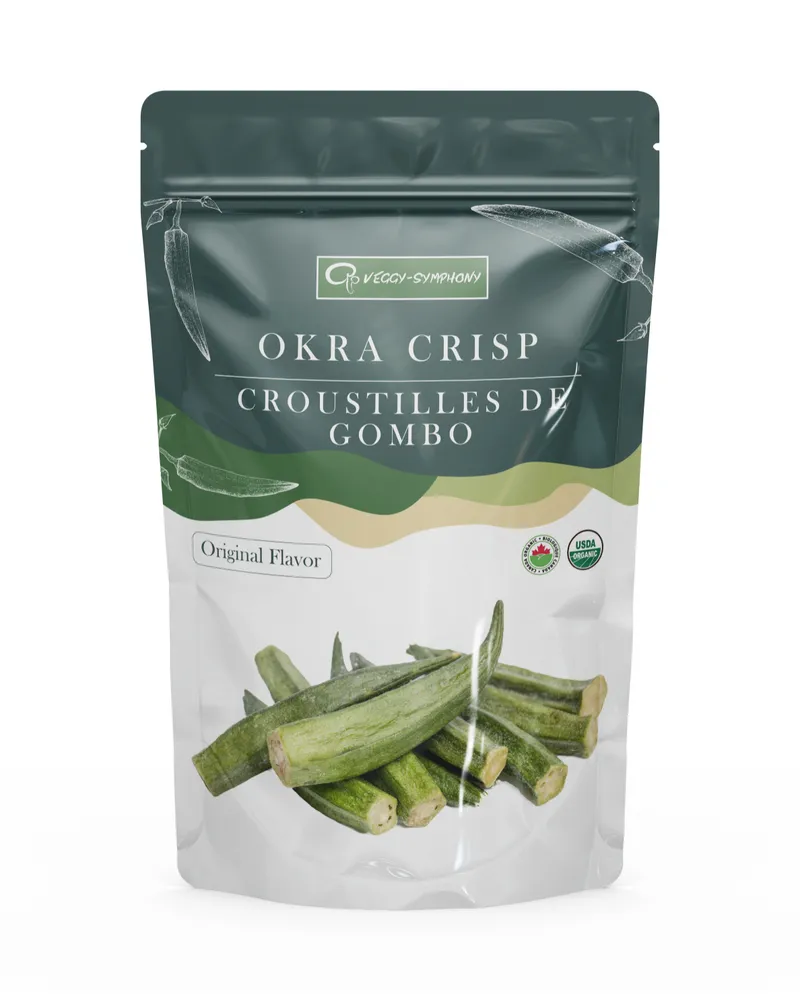 Okra crisp pouch, rendered for the website