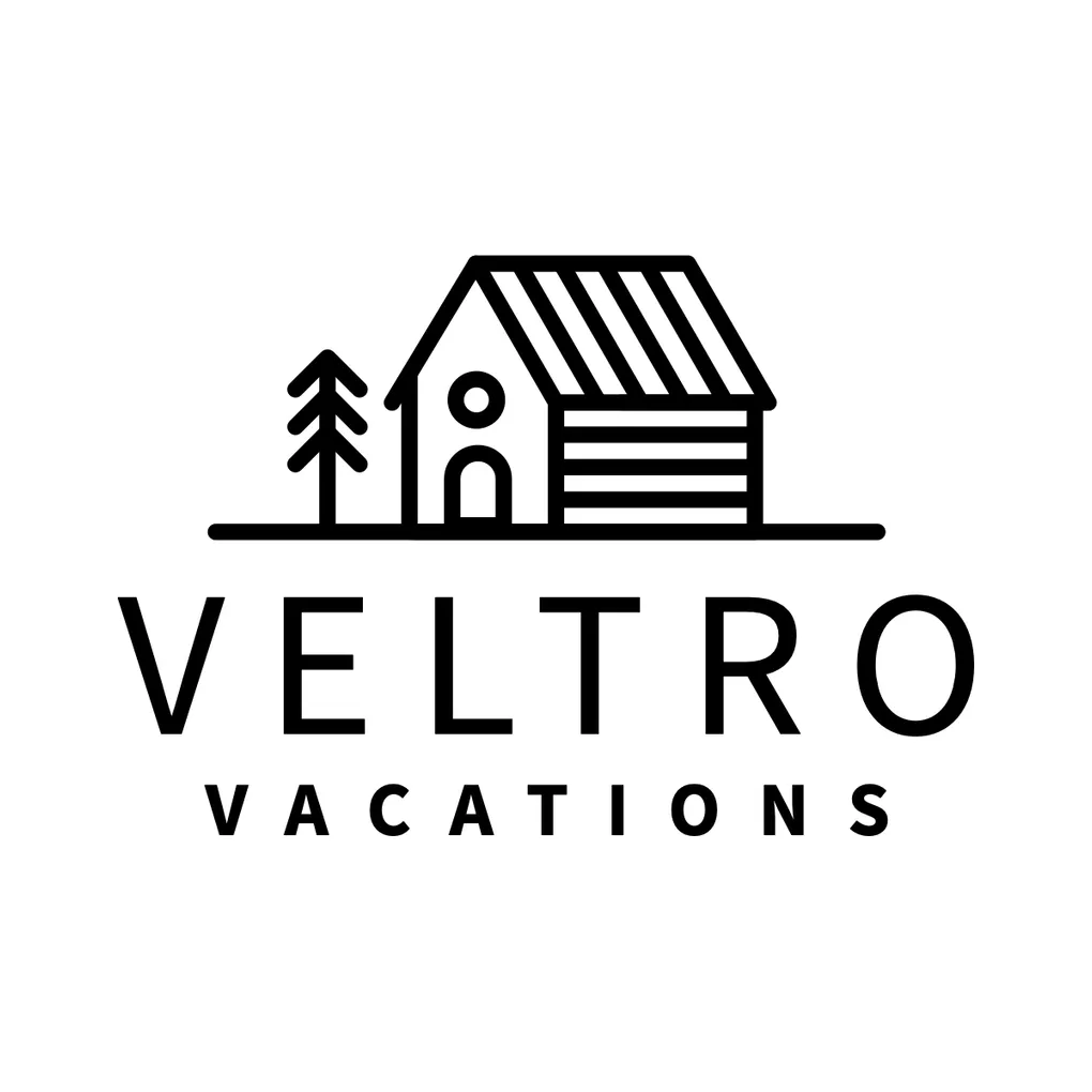 Direction two: a pine and a cabin on one line, with a light, wide VELTRO VACATIONS