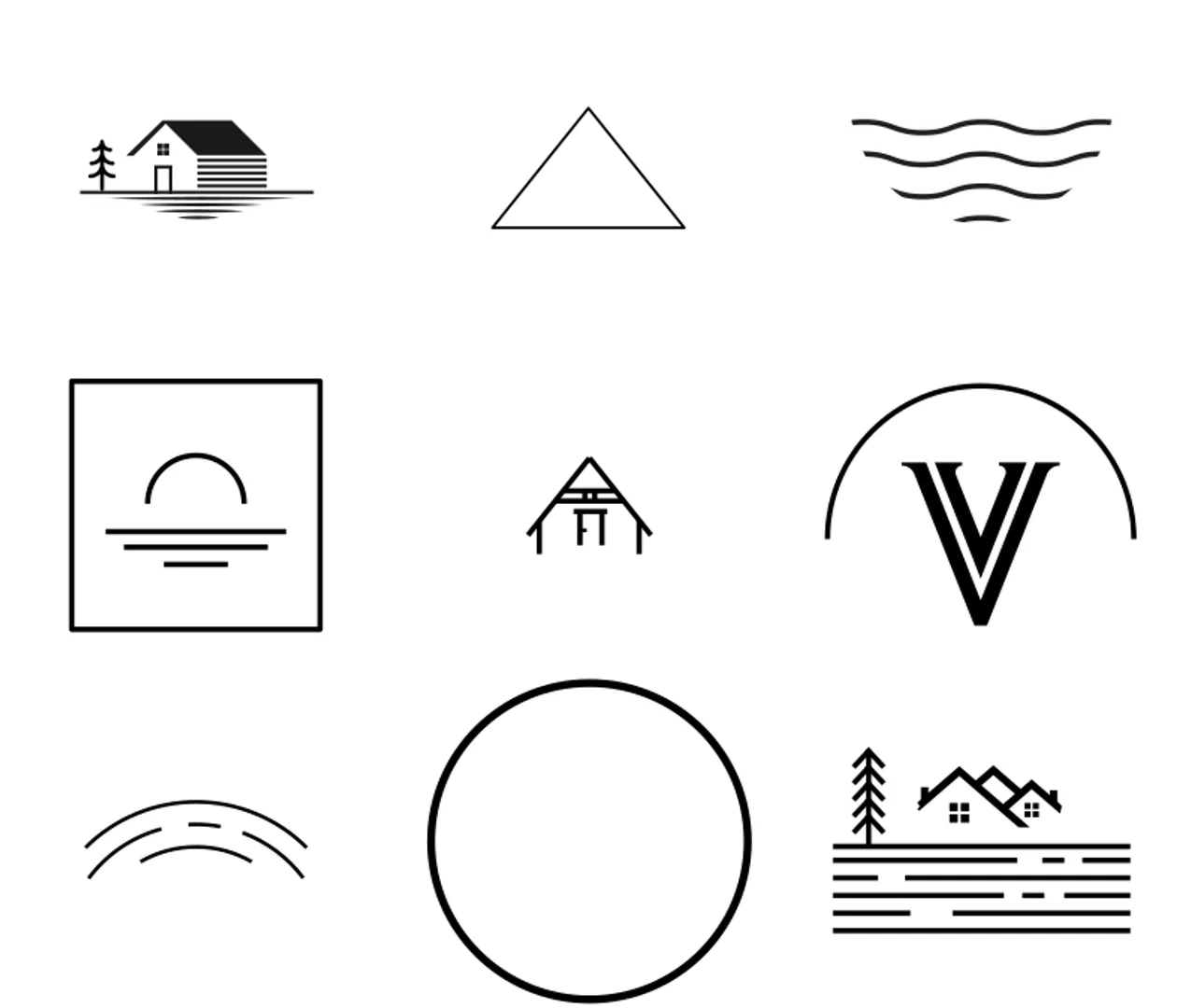 Nine pieces from the sketch board: a cabin on the water, a triangle, waves, a sunset in a square, an A-frame, a V under an arch, ripples, a ring, houses above the lake