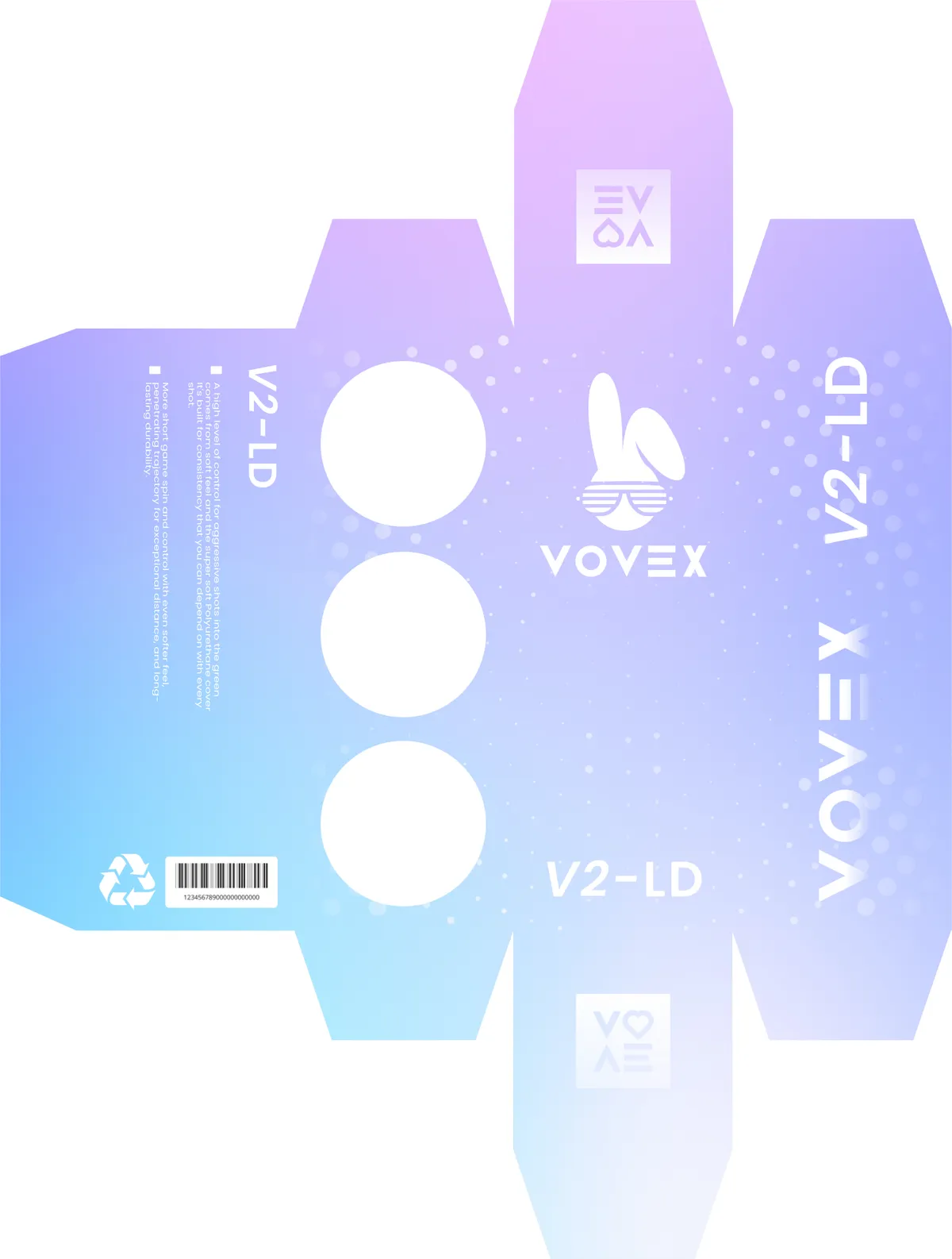V2-LD three-ball sleeve, flat: a lilac-to-sky gradient, three windows and the rabbit
