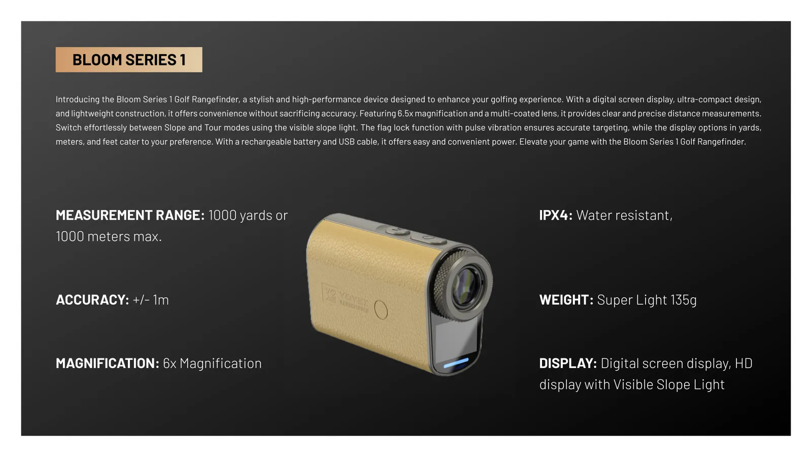 Product guide, Bloom Series 1 page: tan body and specification on black