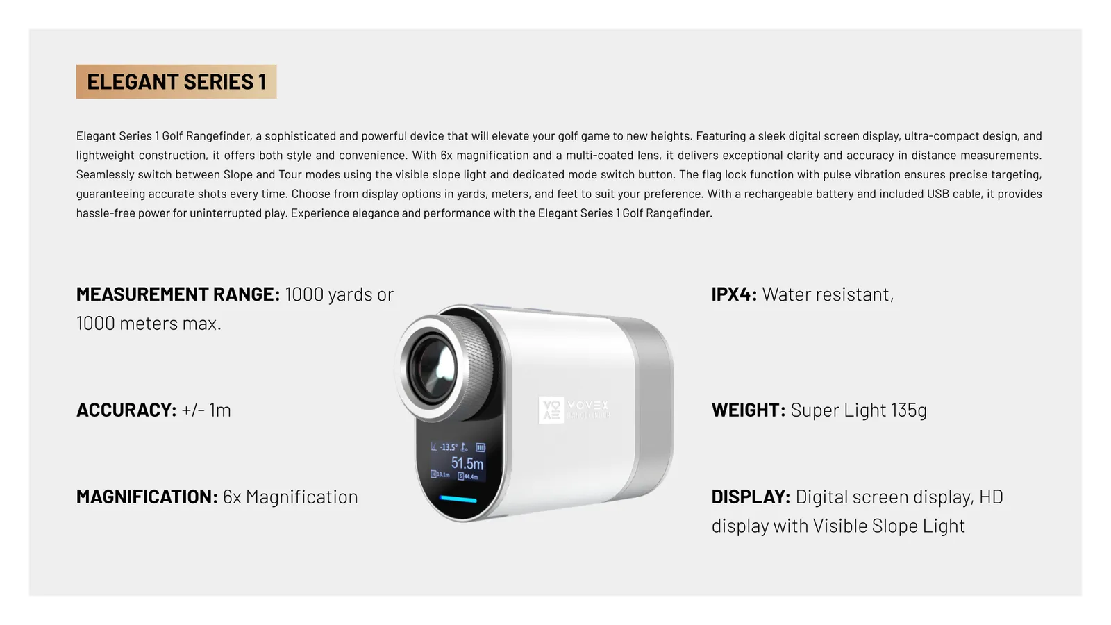Product guide, Elegant Series 1 page: white body and specification on pale grey