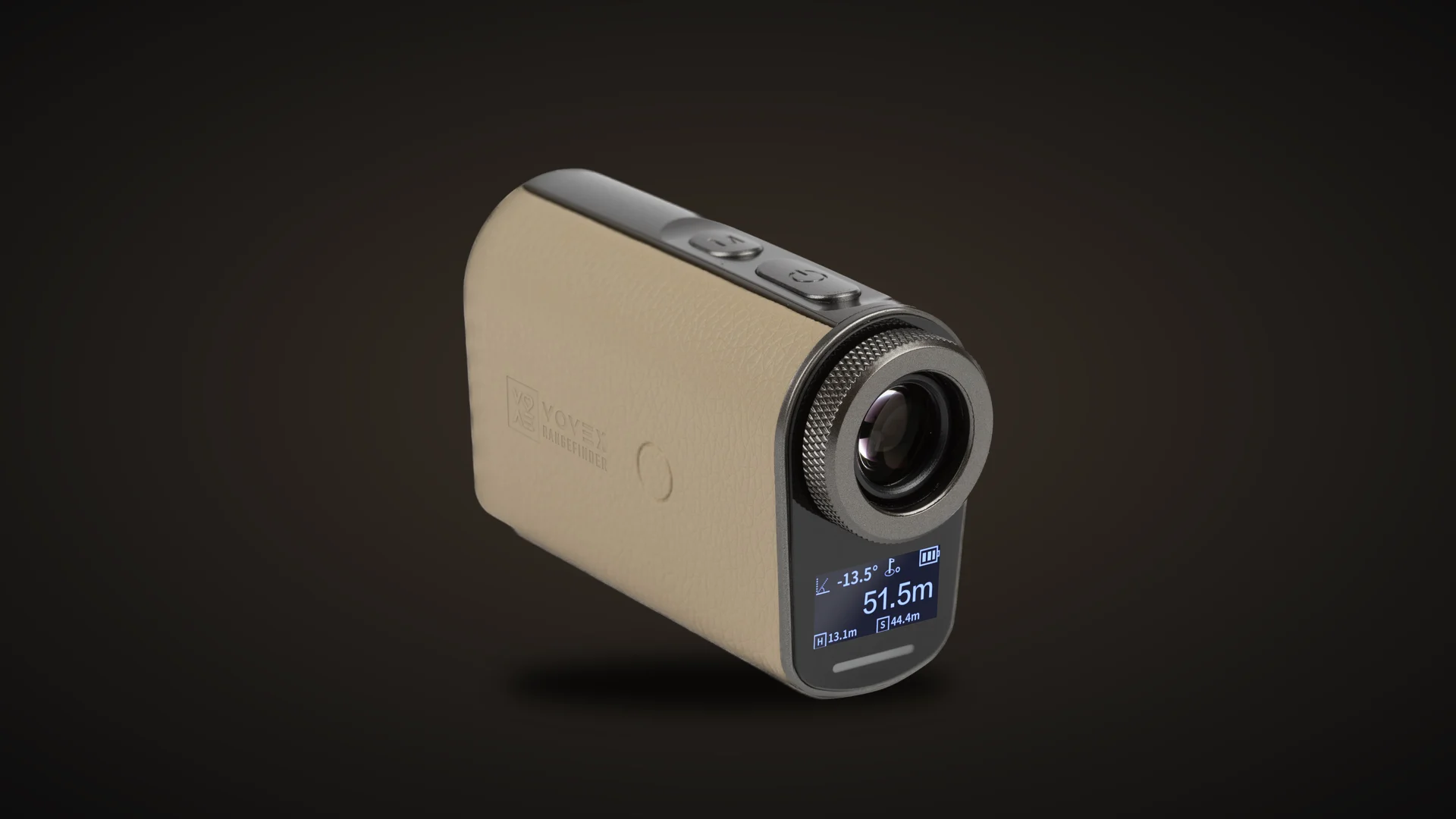 The VOVEX Bloom Series 1 rangefinder: tan leather body, gunmetal optics and screen, on a dark ground