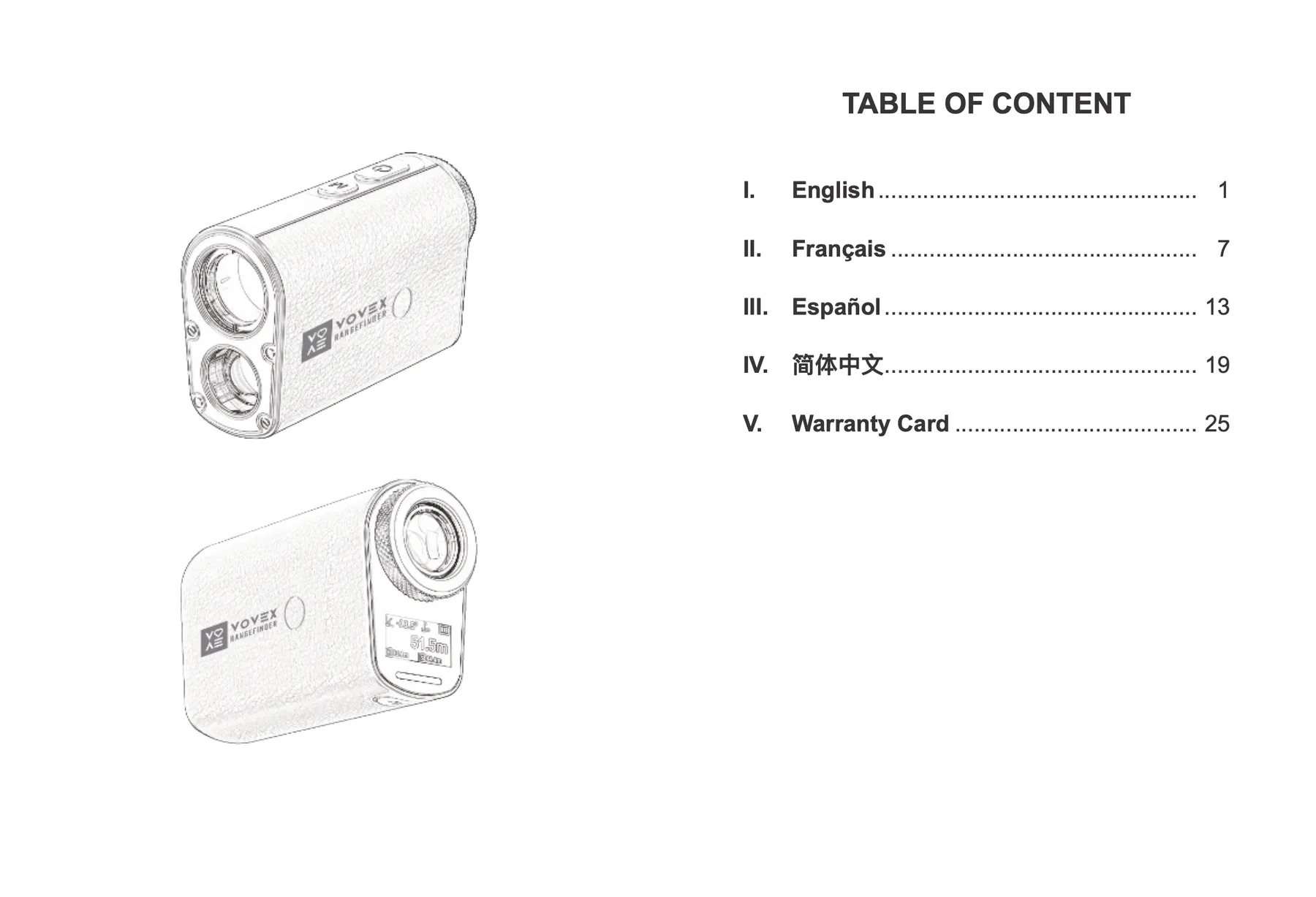 Manual contents spread: line drawings and four languages