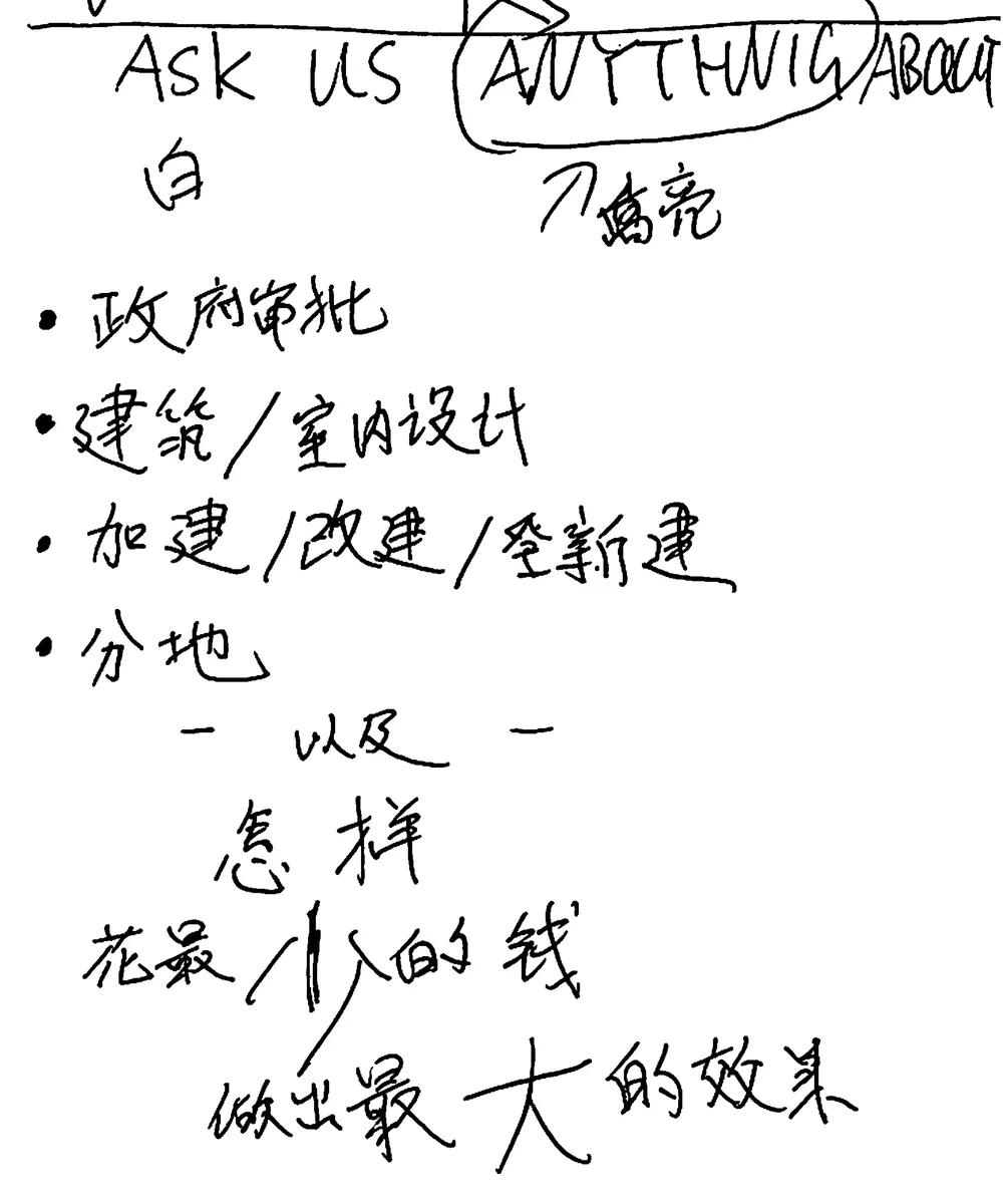 Banner sketch, detail: “Ask us anything about”, the four services and the closing line in Chinese