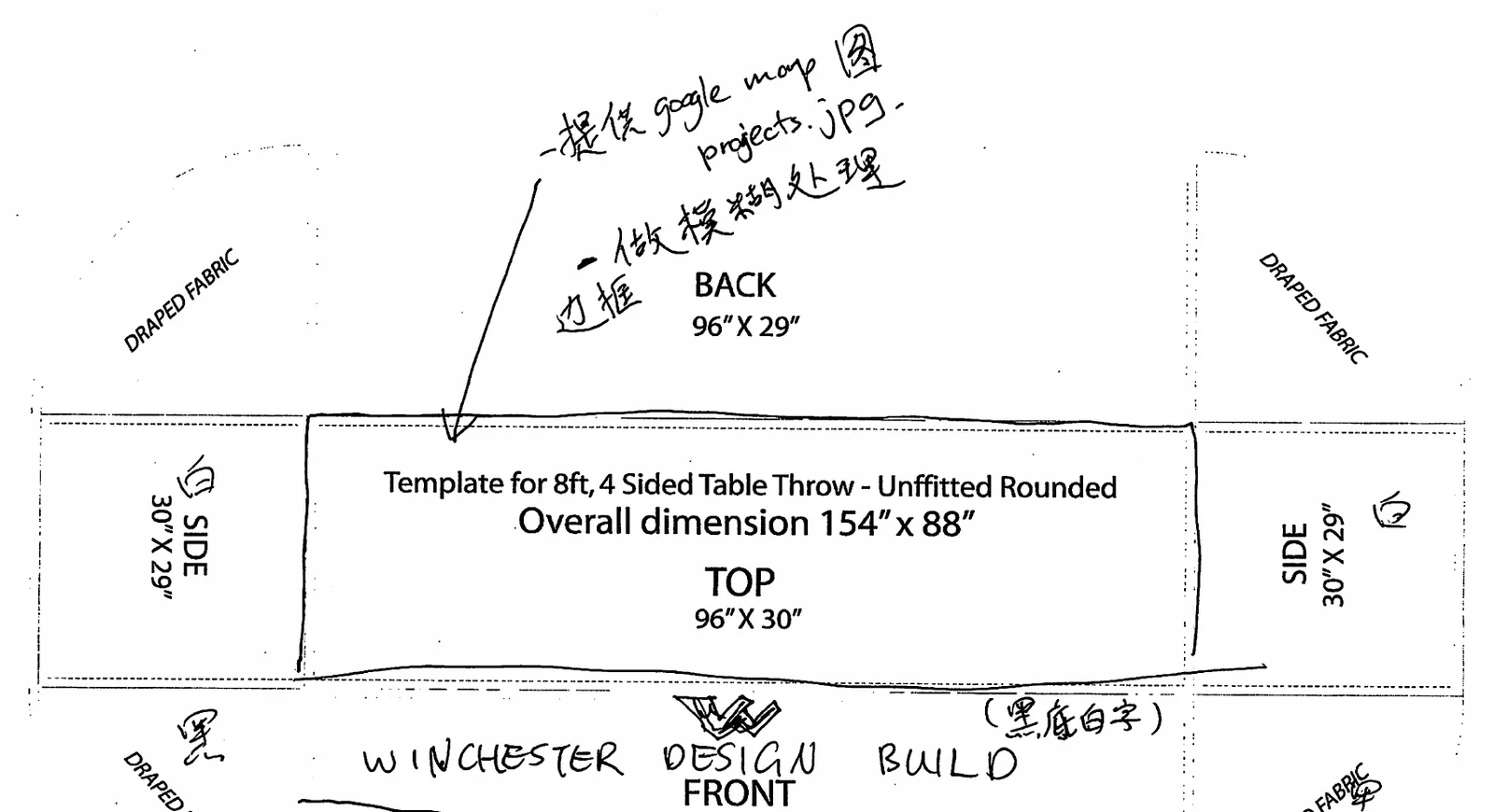 Table throw sketch on the supplier’s eight-foot, four-sided template, marking the front, back, ends and colours